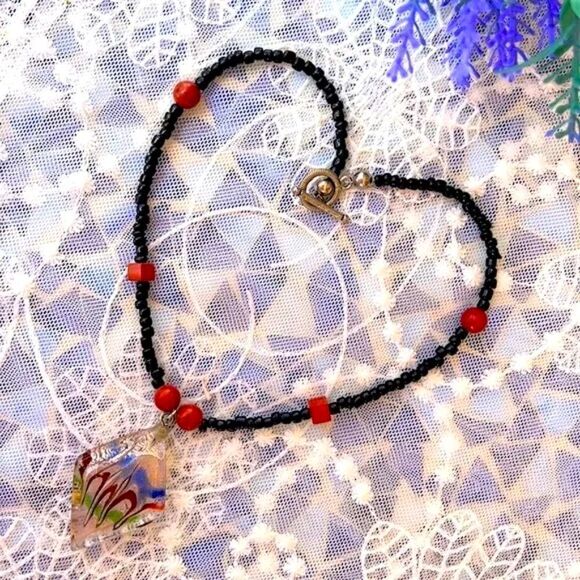 Vintage Art Glass & Genuine Red Jasper Stone Seed Bead Choker Necklace - Picture 2 of 12